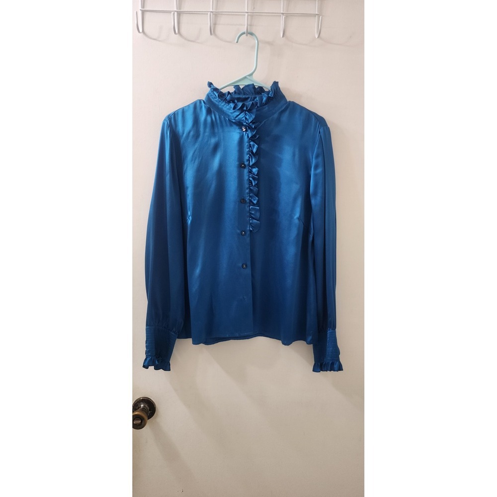 Oscar de la Renta Silk Ruffle Blouse Blue Victorian Smocked Cuff Top